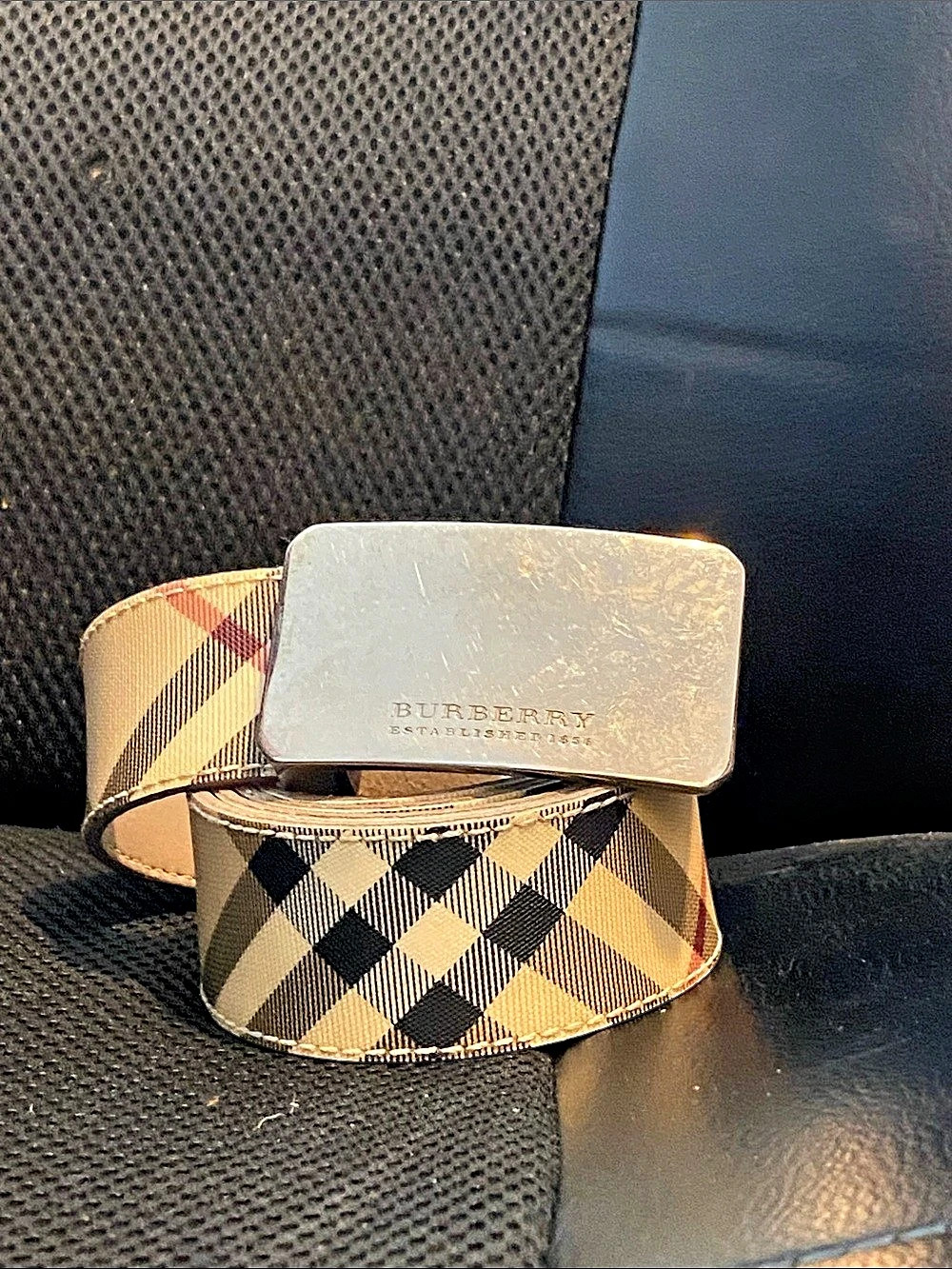 Burberry Vintage Check Plaque Buckle Belt Beige & Black Size 40
